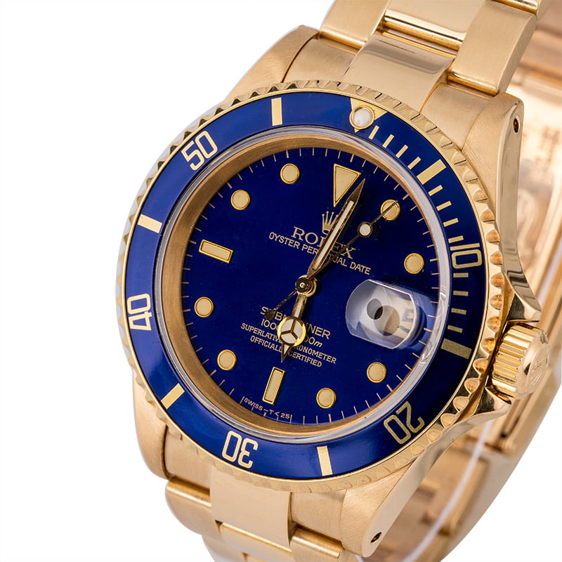 Pre Owned Rolex Submariner 16618 Blue Dial 18K Yellow Gold