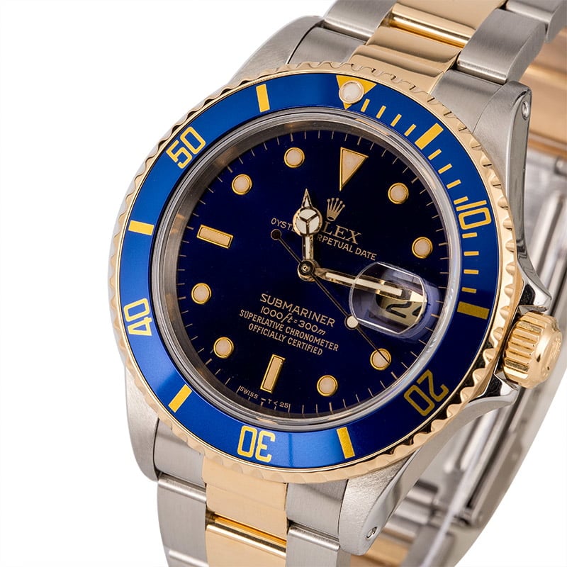 Pre Owned Rolex Two Tone Submariner 16803 Blue Dial