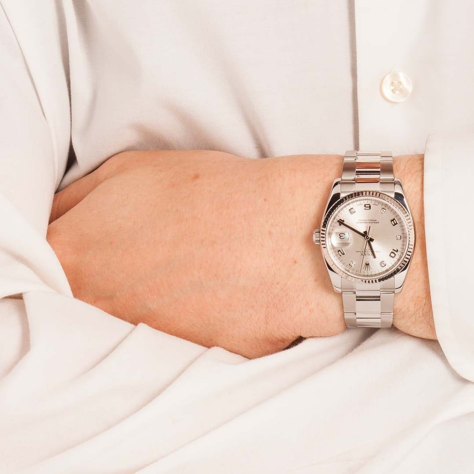Used Rolex Date 115234 Silver Arabic Diamond Dial