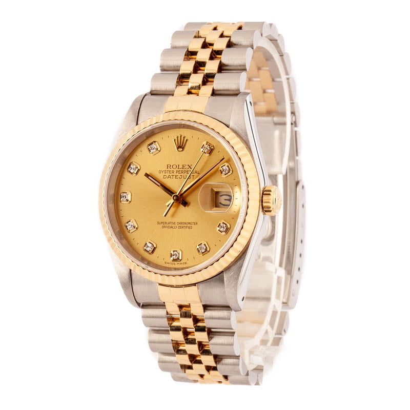 Rolex Datejust Ref 16233G Champagne Diamond Dial 18K Yellow 