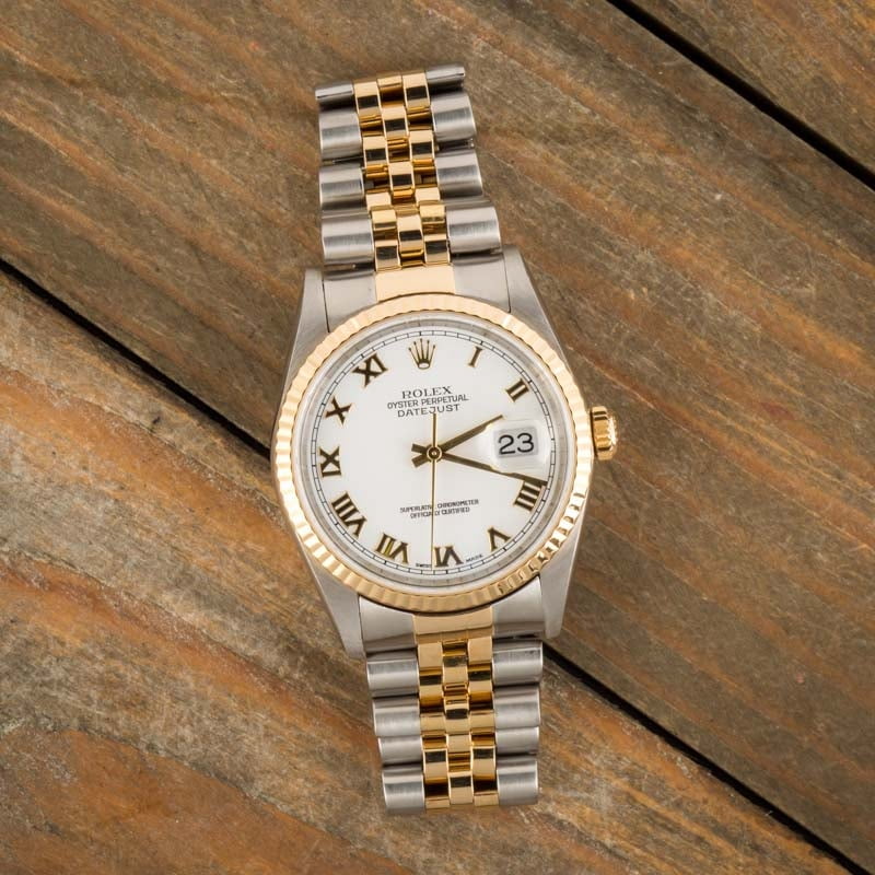 Rolex 36mm Datejust White Dial with Roman Numeral Markers 18k Yellow Gold  Fluted Bezel