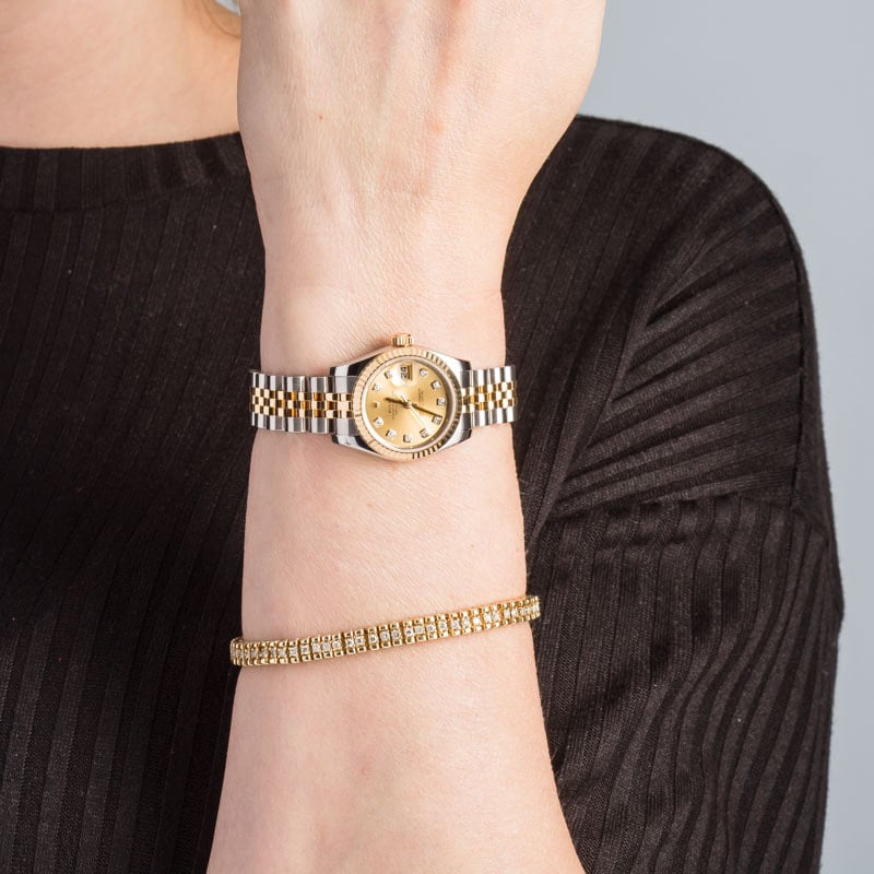Ladies Rolex Datejust Ref 179173 Champagne Diamond Dial