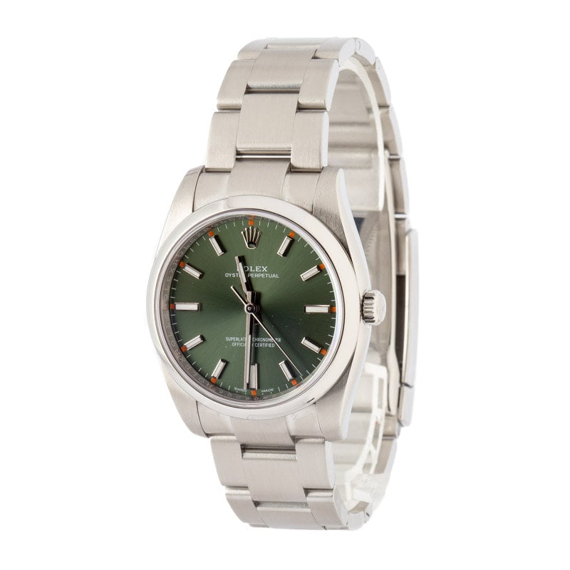 Pre-owned Rolex Oyster Perpetual 114200 Olive Green Dial