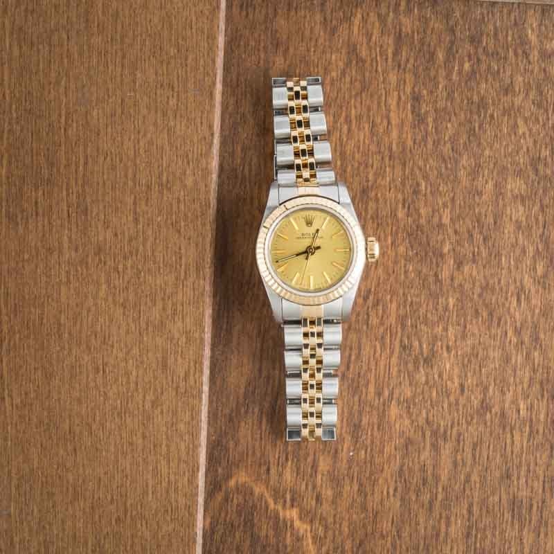 Ladies Rolex Oyster Perpetual Two Tone 67193 Champagne Dial