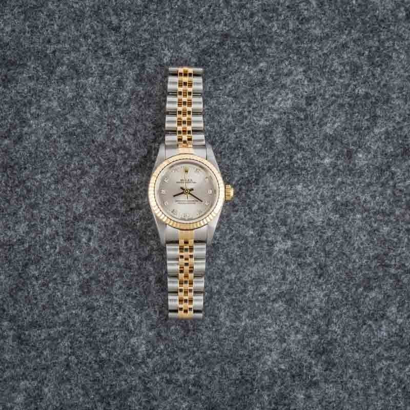 Ladies Rolex Oyster Perpetual 76193 Silver Diamond Dial