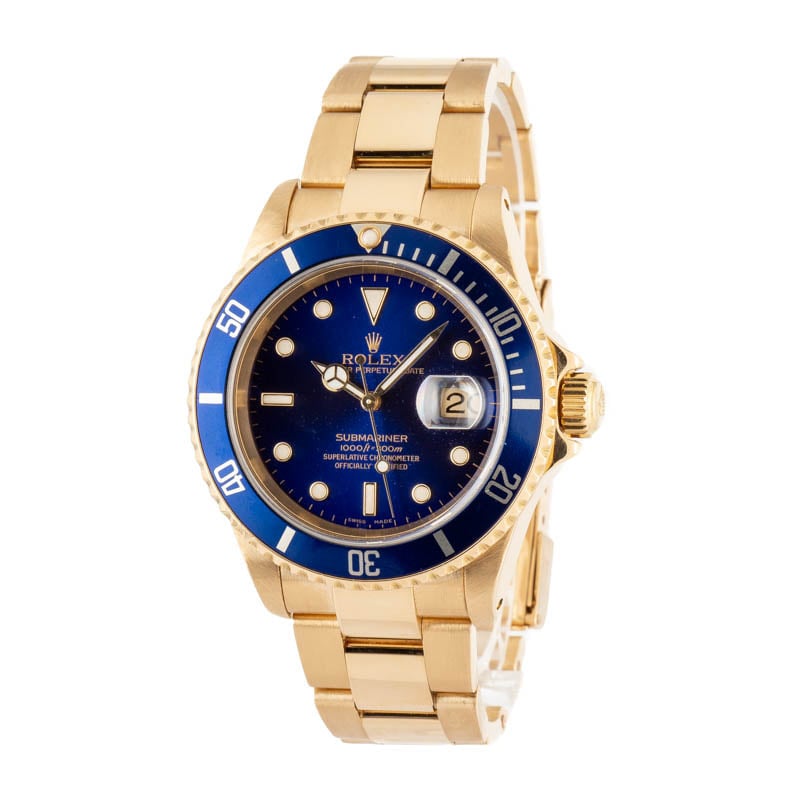 Blue Dial Rolex Submariner 16618 Yellow Gold Oyster