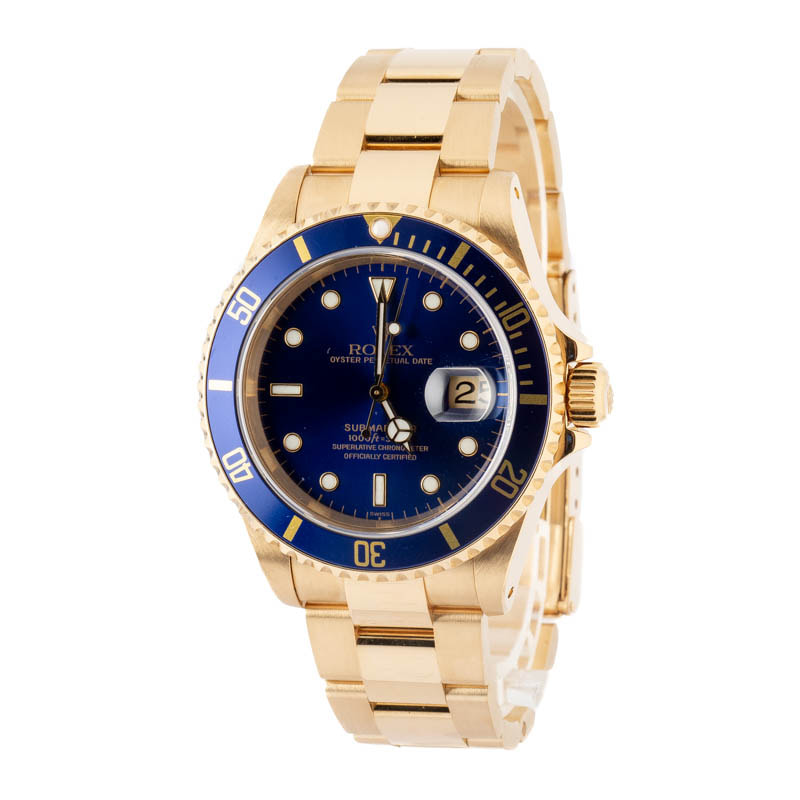 Pre-owned Yellow Gold Rolex Submariner ref 16618 Blue Dial