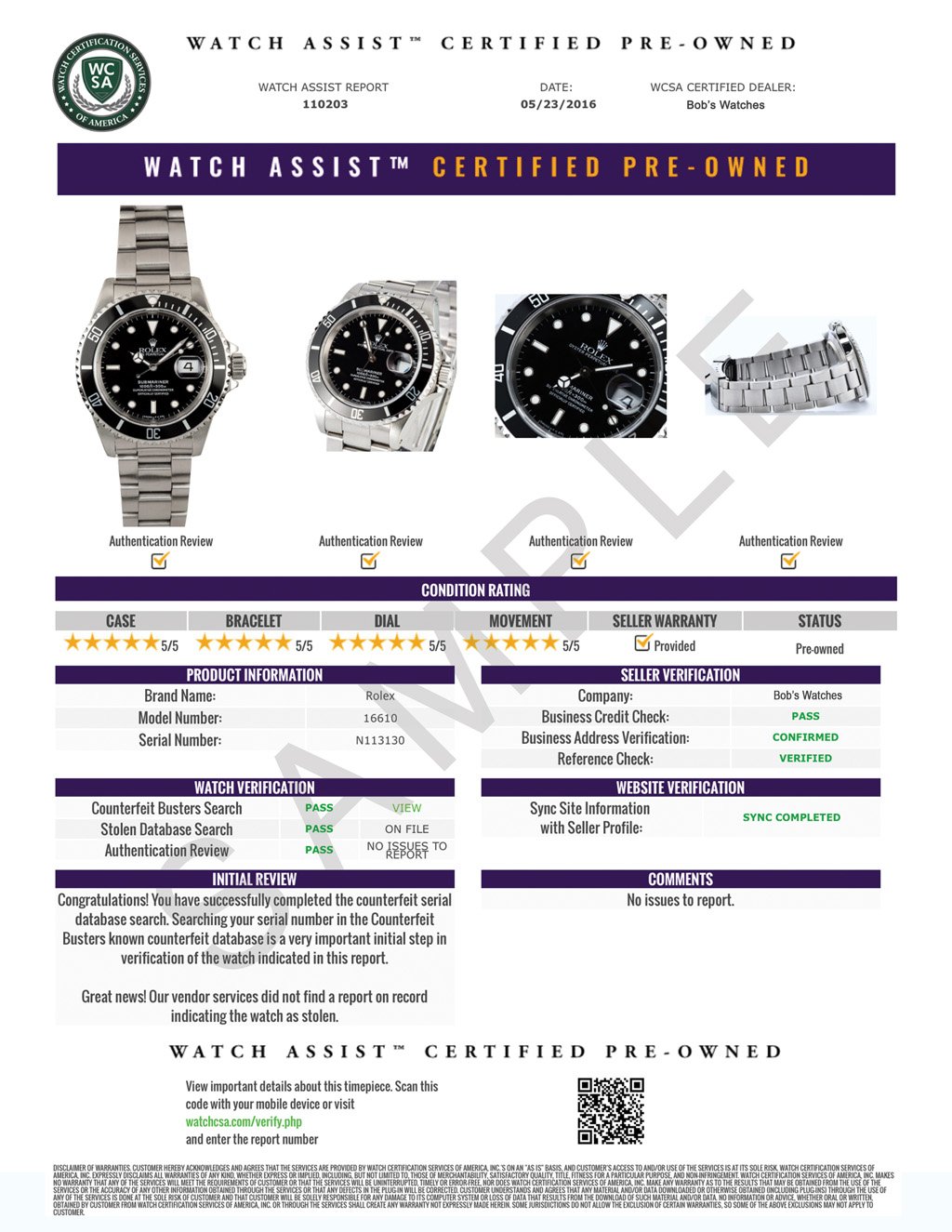 Bob's watches sales serial number