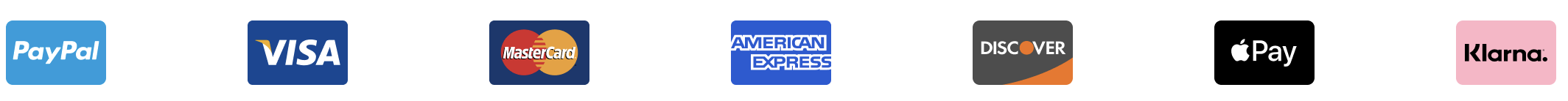 PayPal, VISA, Mastercard, American Express, Discover, Klarna PayPal, VISA, Mastercard, American Express, Discover, Klarna