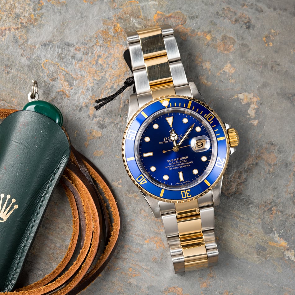 Two-Tone Rolex Blue Submariner 16613 Gold Clasp