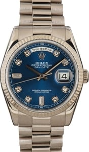 Rolex Day-Date 36MM 18k White Gold, President Band Blue Diamond Dial, B&P (2005)