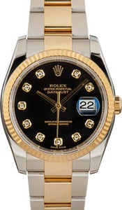 Rolex Datejust 36MM 18k Gold & Steel, Fluted Bezel Black Diamond Dial, Rolex Box