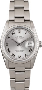 Rolex Datejust 16220 Silver Roman Dial Engine Turned Bezel