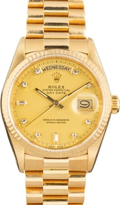 Used 18k Yellow Gold Rolex Day-Date 36 Ref 18038 Champagne Diamond Dial