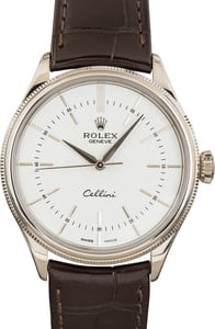 Rolex Cellini 39MM 18k White Gold, White Dial Rolex Leather Strap, B&P (2019)