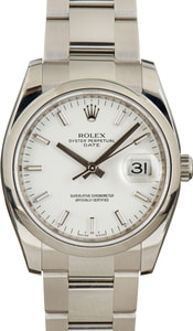 Rolex Date 34MM Stainless Steel, Oyster Band White Index Dial, Rolex Box (2008)