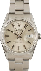 Rolex Date 34MM Stainless Steel, Smooth Bezel Silver Dial, Oyster Bracelet (1982)