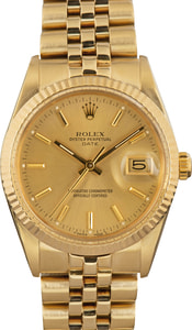 Rolex Date 34MM 18k Yellow Gold, Fluted Bezel Champagne Index Dial, Jubilee (1987)