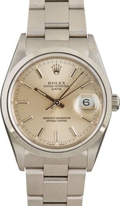 Rolex Date 34MM Stainless Steel, Smooth Bezel Silver Index Dial, B&P (1991)