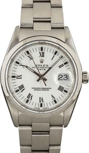 Rolex Date 34MM Stainless Steel, Smooth Bezel White Roman Dial, Oyster Band (1997)