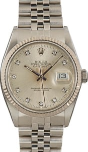 Rolex Datejust 36MM Steel, 18k White Gold Bezel Silver Diamond Dial, Jubilee Band