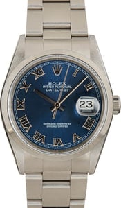 Rolex Datejust 36MM Stainless Steel, Smooth Bezel Blue Roman Dial, Oyster Bracelet