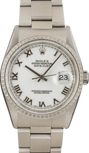 Rolex Datejust 36MM Steel, Engine Turned Bezel White Roman Dial, B&P (1998)