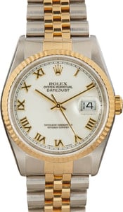 Rolex Datejust 36MM Steel & 18k Gold, Fluted Bezel White Roman Dial, B&P (1996)