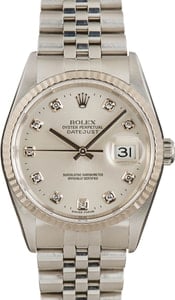 Rolex Datejust 36MM Stainless Steel, Jubilee Band Silver Diamond Dial, B&P (2002)
