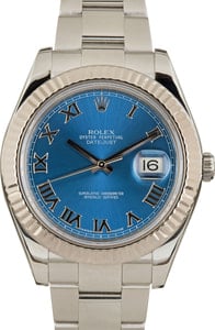 Rolex Datejust 41MM Steel & White Gold, Oyster Band Blue Roman Numeral Dial, B&P (2009)