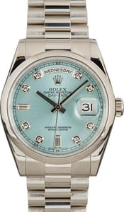 Rolex Day-Date 36MM Platinum, Glacier Blue Dial Diamond Hour Markers, B&P (2008)