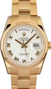 Rolex Day-Date 36MM 18k Yellow Gold, Smooth Bezel White Roman Dial, B&P (2013)