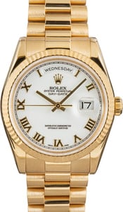 Rolex Day-Date 36MM 18k Yellow Gold, President Band White Roman Dial, B&P (2002)