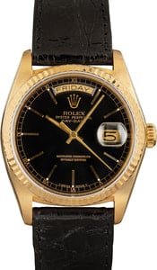 Rolex Day-Date 36MM 18k Yellow Gold, Black Dial Rolex Leather Strap & Clasp (1988)
