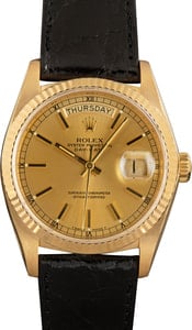 Rolex Day-Date 36MM 18k Yellow Gold, Fluted Bezel Champagne Index Dial, Leather Band