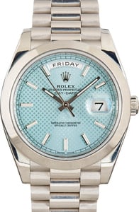 Rolex Day-Date 40 Ref 228206 Ice Blue Diagonal Motif Dial