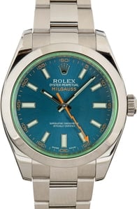 Rolex Milgauss 40MM Stainless Steel, Green Crystal Blue Chromalight Dial, Rolex Box