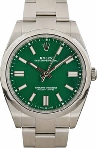 Rolex Oyster Perpetual 41MM Stainless Steel, Smooth Bezel Green Chromalight Dial, B&P (2022)