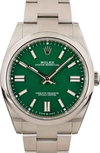 Rolex Oyster Perpetual Green Chromalight Dial, Smooth Bezel 41MM Stainless Steel, B&P (2024)