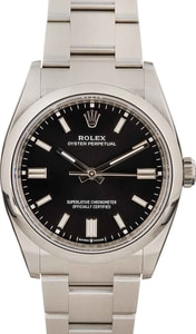 Rolex Oyster Perpetual 36MM Stainless Steel, Smooth Bezel Black Chromalight Dial, B&P (2023)