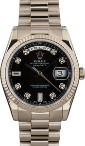 Rolex Day-Date 36MM 18k White Gold, President Band Black Diamond Dial, B&P (2005)