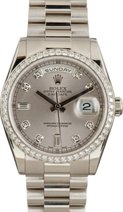 Rolex Day-Date 36MM Platinum, Diamond Bezel Silver Diamond Dial, B&P (2006)