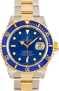 Used Two Tone Rolex Submariner Blue Aluminum Dial Ref 16613