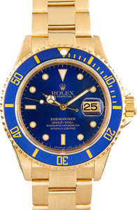 Pre-Owned 18k Yellow Gold Rolex Submariner ref 16618 Blue Dial