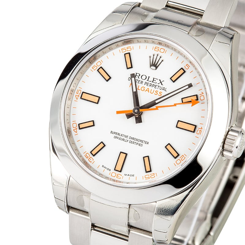 Unworn Rolex Milgauss 116400 White Dial with Orange Markers