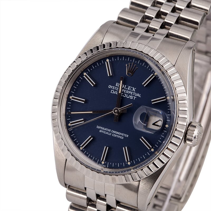 Pre-Owned Rolex Datejust 16030 Engine Turned Bezel Blue Dial