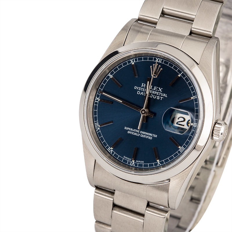 Pre Owned Rolex Datejust 16200 Blue Dial Steel Oyster
