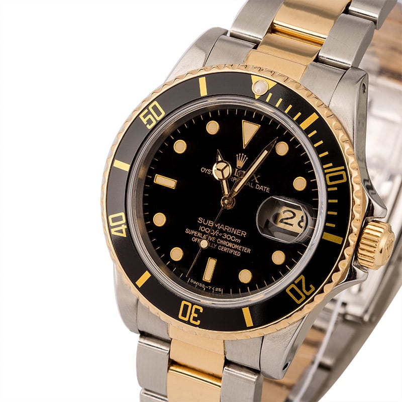 Pre Owned Rolex Two Tone Submariner 16803 Black Dial