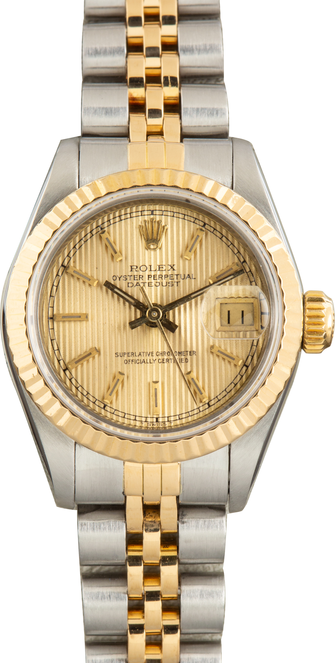 Used Lady Rolex Datejust Champagne Tapestry Dial Ref 69173 Fluted Bezel