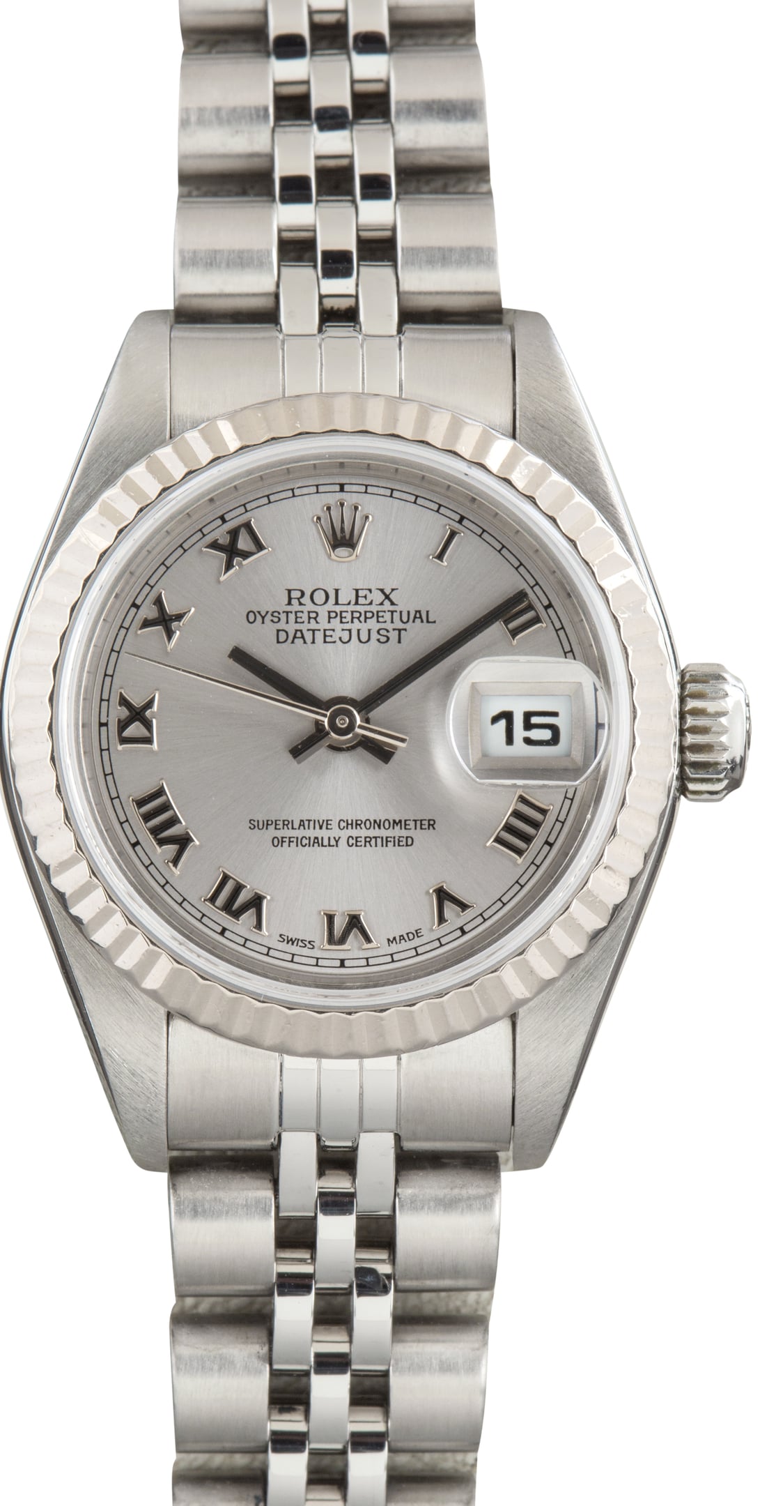 Used Ladies Rolex Datejust Rhodium Roman Dial Ref 79174